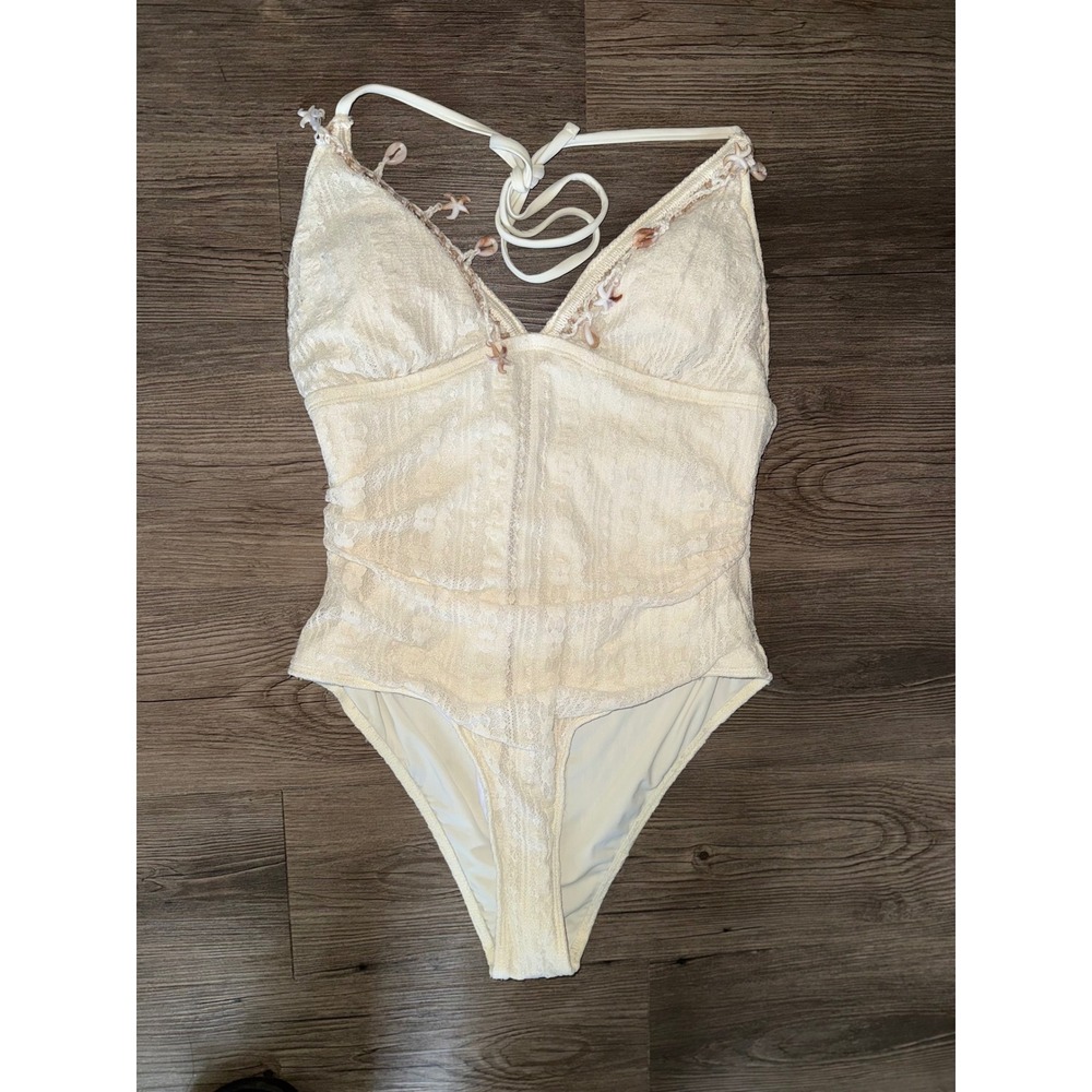 Shein Cream Lace Seashell One Piece Swimsuit Halter Neck Starfish Detail Large